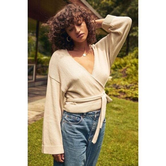 Dynamite Wrap Sweater Womens S Beige Knit Neutral Contemporary Minimalist - Picture 3 of 9